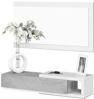 duehome | Recibidor con Cajón y Espejo, Mueble de Entrada, Modelo Derek, Acabado en Blanco Artik y Gris Cemento, Medidas: 95 cm (Ancho) x 19 cm (Alto) x 26 cm (Fondo)