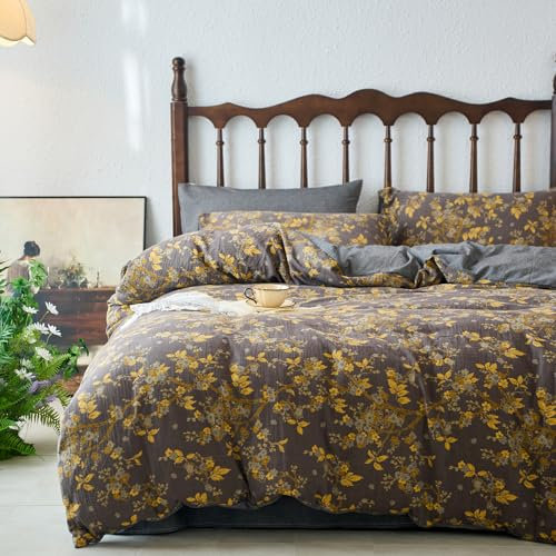 mixinni Vintage Floral Duvet Cover King Set - Gold Jacquard & Grey Reversible, 100% Yarn-Dyed Double-Layer Cotton, Breathable & Luxurious Farmhouse Bedding (3-Piece, Includes 2 Pillowcases)