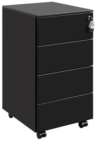 HOMSTEEL Cassettiera Scrivania Mobile, Cassettiera con Serratura, 4 Chiavi, 4 Cassetti, in Acciaio, Preassemblato, Nero