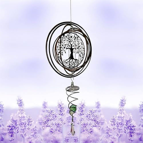 Moulin à vent 3D en acier inoxydable avec boule d'observation – 360 ° Spirale à suspendre Décor pour jardin, terrasse et espaces intérieurs (arbre de vie)