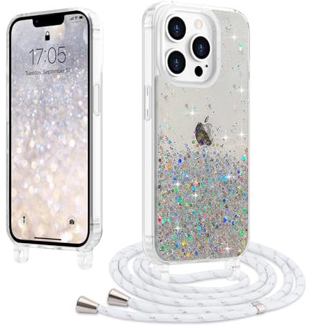 LCHULLE Handykette Kompatibel mit iPhone 13 Pro Max Hülle mit Band Glitzer Handyhülle mit Kordel Transparent Schutzhülle mit Einstellbar Kette Silikon Case für iPhone 13 Pro Max Transparent
