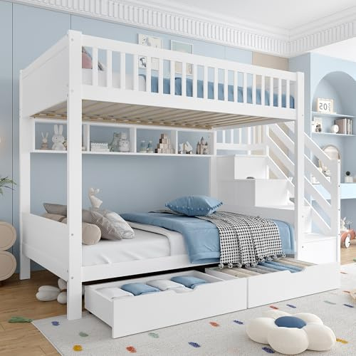 Letto a castello, letto per bambini, con cassetto, con ripiano, con armadio, con vano contenitore, 90x200cm, bianco (senza materasso)