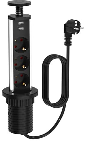 Meisax Multiprise Encastrable Bloc avec 3 EU Prises 2 USB Diamètre 60mm Câble 1,8m, Prise Escamotable Plan de Travail pour Cuisine Bureau Chambres Salon (Noir)