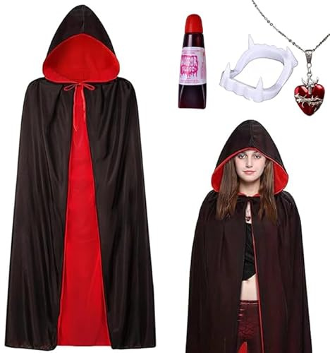 Yi'antai Halloween Capa de Vampiro con Capucha, Vampiro Capa Manto Negro Rojo, Disfraz de Vampira de Halloween con Colmillos Sangre Falsa Collar (L-140cm)