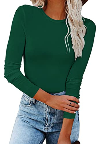INFITTY Fitted Shirts for Women Fall Causal Long Sleeve Shirt Crewneck Tight Undershirt Dark Green S…