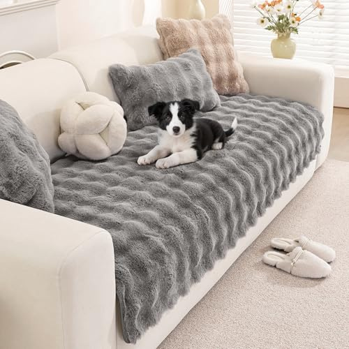 Royhom Plüsch Sofa Überzug L Form 1/2/3/4 Sitzer Couch Überzug Ecksofa, Sofaschoner rutschfest, Superweiche SofaÜberwurf aus Kunstpelz für Sofa, Teppich, Fensterbank Kissen(Grau 90x160cm)