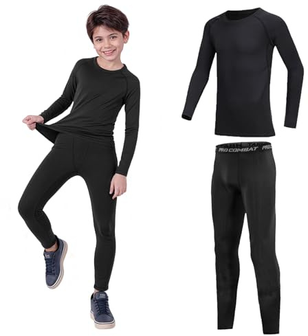 Fiohiros Boys Kids Base Layer,Pro Fleece-Lined Kid Thermal Long Sleeve Top Leggings Set,Athletic Thermal Underwear Football Compression Set for Sport Ski