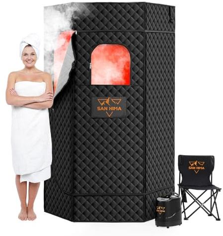 SAN HIMA Sauna portátil para el hogar, caja de sauna de vapor personal en casa spa con vaporizador de 3L 1500W, 9 niveles de calor, temporizador de 90 minutos, luz LED regulable, silla plegable