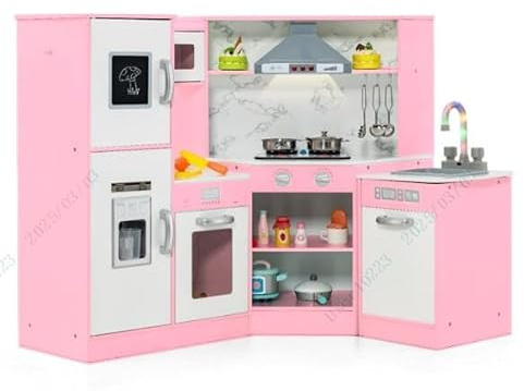GOPLUS Cuisine en Bois Enfant, Cuisine d'angle avec Tableau Noir, Hotte, Micro-Ondes, Four, Effets Lumineux et Sonores, Accessoires Riches, Jouet d'Imitation pour Enfant 3+ Ans (Rose)
