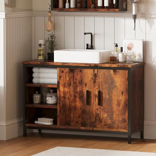 ELUCHANG Mueble Bajo Lavabo Baño 90x30x60cm, Vintage+Negro, E1 MDF+Metal, 2 Puertas+3 Compartimentos Abiertos, Estante Ajustable 6,4cm, Anti-caída & Anti-húmedo