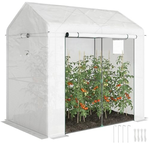 Outsunny Walk-in Greenhouse, Outdoor Tomato Greenhouse, Green House for Garden, Grow House with Roll-up Door and Mesh Windows, PE Cover, 200 x 140 x 200cm, White