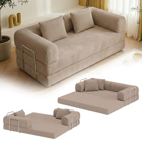 skølm Lofn Schlafsofa 2-Sitzer 200 cm, Cord Taupe, mit 2 Kissen, Klappsofa | Ausklappbare Couch zum Bodensofa, modulare Vollschaumcouch mit Stahlgestell, Cordsofa Wohnzimmer, vakuumverpackt, Klappsofa