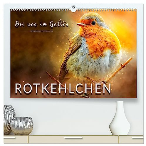 Bei uns im Garten - Rotkehlchen (hochwertiger Premium Wandkalender 2025 DIN A2 quer), Kunstdruck in Hochglanz