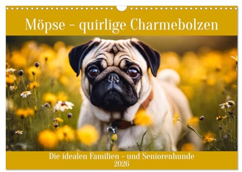 Möpse - quirlige Charmebolzen (Wandkalender 2026 DIN A3 quer), CALVENDO Monatskalender: Die idealen Familien - und Seniorenhunde (CALVENDO Tiere)
