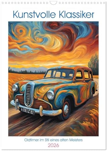 Kunstvolle Klassiker (Wandkalender 2026 DIN A3 hoch), CALVENDO Monatskalender: Oldtimer im Stil eines alten Meisters (CALVENDO Mobilitaet)