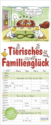 Tierisches Familienglück 2027: Familienplaner - 4 große Spalten mit viel Platz. Familienkalender mit Tier-Comics, Ferienterminen und Vorschau bis März 2027. 19 x 46 cm.
