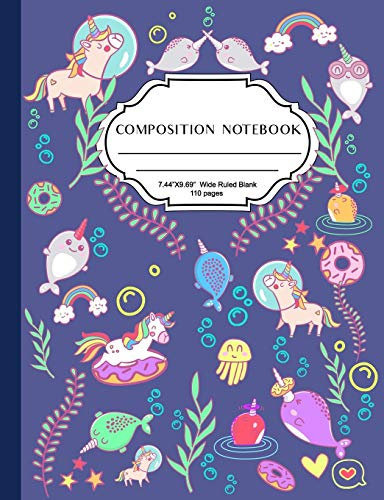 Composition Notebook: kawaii notebooks for composition, cute Japanese narwhal and unicorn sprinkles design cover, wide ruled notebook for school.