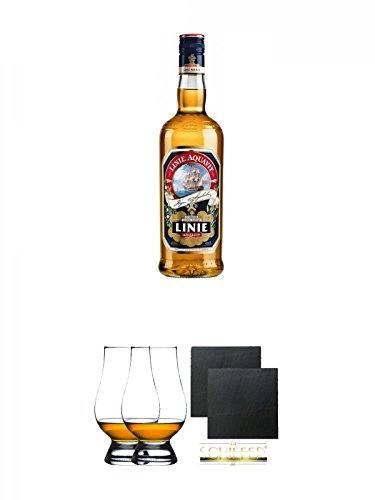 Linie Aquavit Norwegen 0,7 Liter + The Glencairn Glas Stölzle 2 Stück + Schiefer Glasuntersetzer eckig ca. 9,5 cm Ø 2 Stück