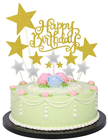 Allazone 1 Stück Gold Happy Birthday Cake Topper Gold Geburtstagstorte Dekoration und 12 Stück Pentacle Stars Cake Topper Dekoration für Party Dekoration