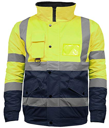High Visibility Safety Security Reflective Protective Waterproof Workwear Bomber Jacket Fluorescent (L, Yellow/Navy)