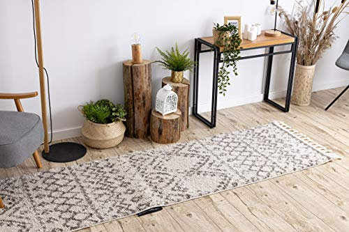Läufer, Teppich Berber Shaggy, Franse, marokkanischer Stil, für die Küche, Halle, Korridor, Rabat Sahne Creme Ecru 80x200 cm