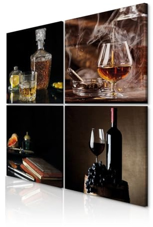 decomonkey Wandbilder Set Wein Whiskey 4 Teilig jedes Teil 30x30 cm Zigarre | Strukturleinwand, Holzkeilrahmen, Leinwandbilder, Bild auf Leinwand, Kunstdruck, Wanddeko, Wohnzimmer, Wanddekoration