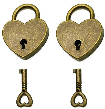 mciskin Lot de 2 mini cadenas à clé style antique vintage avec clé, mini cadenas antique en bronze (cœur)