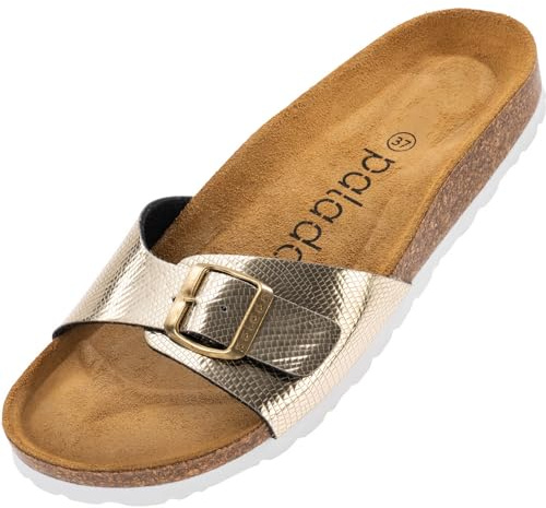 Palado Pantoletten Damen Malta Coralino – elegante Sandalen Made in Spain - bequeme Hausschuhe mit Kork-Fußbett - modische Sommerschuhe Snake Gold UK7 - EU40