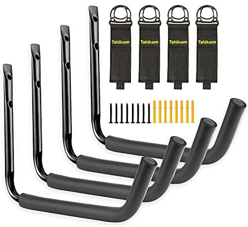 Tahikem 4 Pcs Kayak Rack Wall Mount, Canoe Hanger Hooks, Kayak Storage Hook, Garage Hanger Ladder Brackets, for Hanging Outdoor Beach Folding Chair Bicycle Surfboard Snowboard Paddle Board - Black