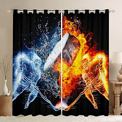 Loussiesd Eishockey Vorhänge Eishockeyspieler Blickdichte Vorhänge für Kinder Jungen Mädchen Puck Sport Thema Fenstervorhang 175x140cm Wintersport Hobby Zimmer Dekor