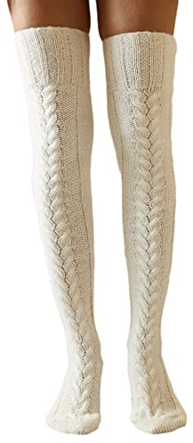 Achlibe Women Wool Thigh High Socks Cable Knitted over Knee Socks Fluffy Warm Long Boot Socks Leg Warmers