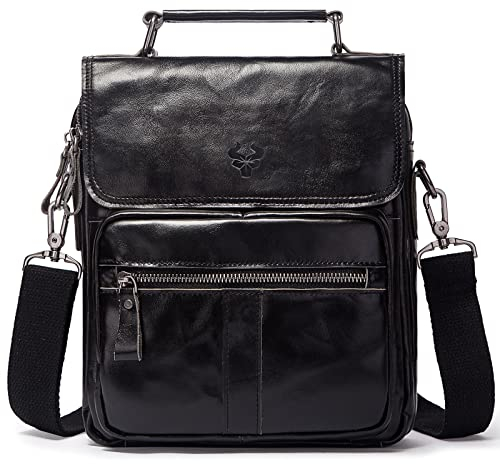 HUMERPAUL Schulter Umhängetasche Herren echtes Leder kleine Umhängetasche mit verstellbaren Trägern für Schule, Arbeit, Geschäft, Schwarz