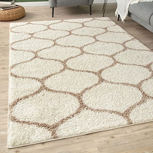 THE RUGS Shaggy Rug – Modern Moroccan Design Rugs for Living Room, Bedroom, Hallway, 3 cm Thick Area Rugs, (Trellis Ivory/Beige, 160x230cm)
