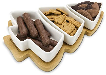 ROMINOX Geschenkartikel Servierschalen // Tre Arbo, dekoratives Set in Tannenbaumform, 3 Keramikschälchen auf Bambusbrett, zur Präsentation von Snacks, Plätzchen oder Dips; ca. 30.5 x 21.5 x 4.5 cm