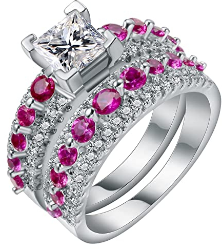 Verlobungsring Zirkonia, Verlobungsring Vintage Damen Silber Größe 60 (19.1) 2 Ringe, Besetzt mit Fuchsia Eternity Kristall