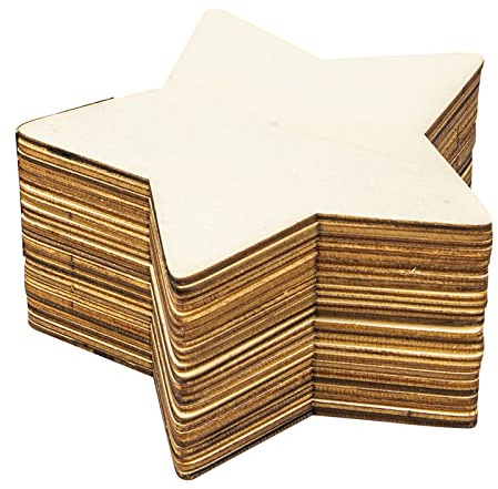 50 Pcs Unfinished Wood Pieces, 10x10cm Star Shape Blank Wood Natural Slices Wooden Stars Cutouts Coaster for Crafts, Painting, Coasters, Pyrography Art, Staining Burning, Christmas Decoration DIY