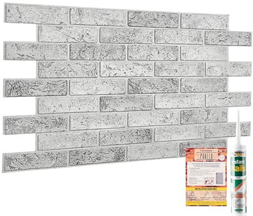 3D Wall Panels with Adhesive Included - 4 Sheets Covering 19.84 sqft (1.84 sqm) Decorative PVC Plastic Cladding Panel Size 37.79 x 18.89 in (96x48 cm) – Neutral Grey Stone Brick Wall Pattern