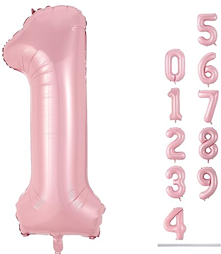 Pastel Pink 1 Balloons, 40 Inch Giant Light Pink Helium Foil Number 0-9 for Girls, Self Inflating 1st Birthday Balloon for Women Anniversary Baby Shower Princess Party Decorations Supplies