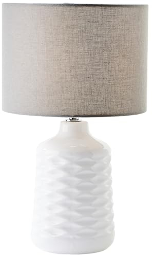 Lightbox weiße Keramik Tischlampe mit grauem Stoff-Schirm - dekorative Tischleuchte mit Schnurzwischenschalter - 42 cm Höhe & 25 cm Durchmesser - E14 Fassung max. 40 W - aus Keramik/Metall/Textil