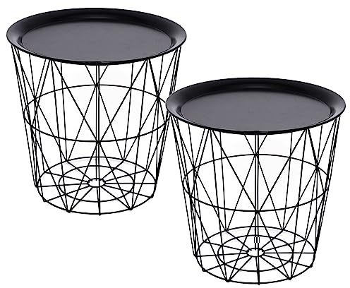 Carousel Home Set of 2 Black Geometric Wire Storage Side Tables - Basket Storage, Coffee End Tables with Tray Tops - Pedestal Bedside Tables