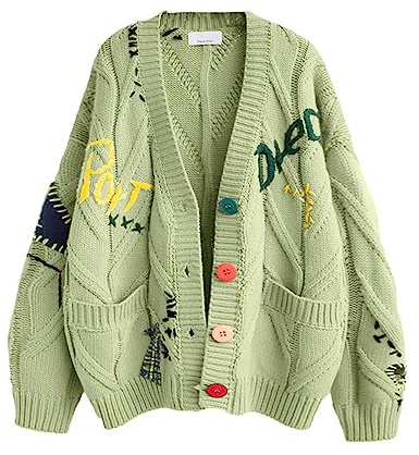 ebossy - Cardigan da Donna a Maglia, a Maniche Lunghe, Aperto sul Davanti, con Scollo a V e Bottoni, in Misto Lana, Verde, L