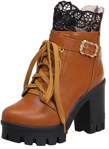 rismart Botín Mujer Bota de Tobillo Cremallera Correa con Hebilla Moda Zapatos de Plataforma Marrón,37