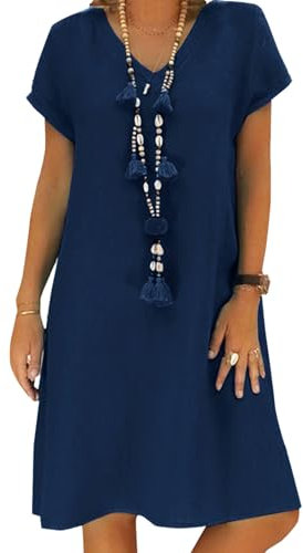 Tincini Sommerkleid Damen Leinen Kleider Casual V-Ausschnitt Midikleid Kurzarm A-Linie Kleid Strandkleid Ohne Zubehör (A Marine, XL)