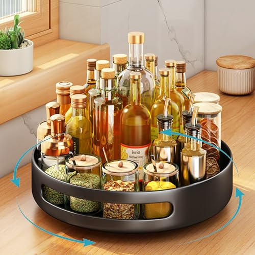 XFLYP Turntable Cupboard Organizer, 360°Lazy Susan Turntable 25cm Multi-Functional Spice Rack, Non-Slip Storage Racks for Kitchen Storage and Organization, Revolving Condiment Holder (Black)
