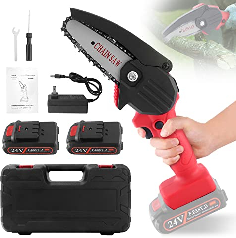 Ozonlife 4 Pollici Mini Motosega a Batteria, 24V Mini Motosega Elettrica con Caricatore e 2 Batterie, per Taglio del Legno e Giardinaggio (2 Batterie)