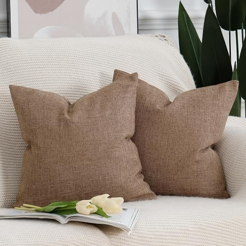 Madizz 2er Set Faux Leinen Kissenbezügen Weich Dekorative Kissenabdeckung für Sofa Schlafzimmer Kissenhülle Hellbraun 40x40 cm Quadrat