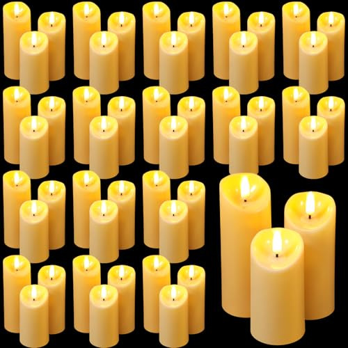 Rossesay 48 Pcs Large Flameless Candle Bulk Flameless Pillar Candles Decor for Valentine Romantic Night for Him 2 Aa Battery Operated (Not Included) Candles for Proposal Wedding Communion Church