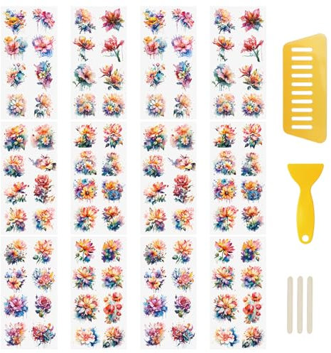 WANDIC 12 Blatt Rub-On-Transferaufkleber Aquarell Blume Decals wasserdichte Aufkleber Möbel Handwerk Decals für DIY Scrapbooking