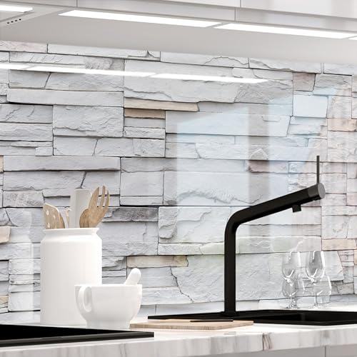 Stickerprofis Küchenrückwand hochglänzend selbstklebend - BRUCH STEINWAND - 1,8mm, Hartkunststoff, alle Untergründe, Spritzschutz, PREMIUM 60 x 280cm