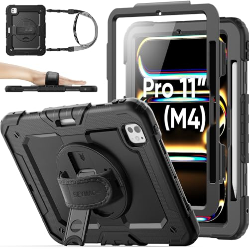 SEYMAC stock Funda para iPad Pro 11 Pulgadas (M4) 5.ª Generación 2024, Funda Resistente con Protector de Pantalla/Portalápiz/Correa de Mano giratoria 360/Soporte/Bandolera, Negro